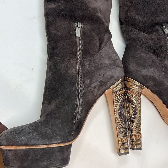Le Silla 39/US 9 Brown Suede Metal Crystal Embellished Platform Tall Boots - Picture 7 of 16